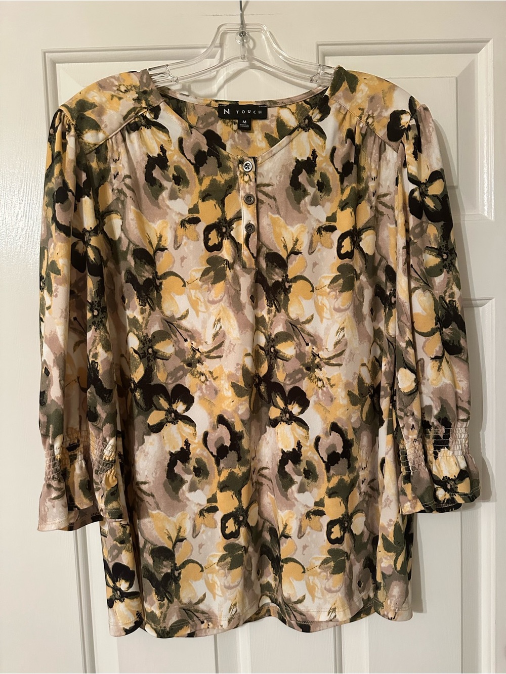 N Touch Yellow Floral Henley Blouse with Smocked Cuffs